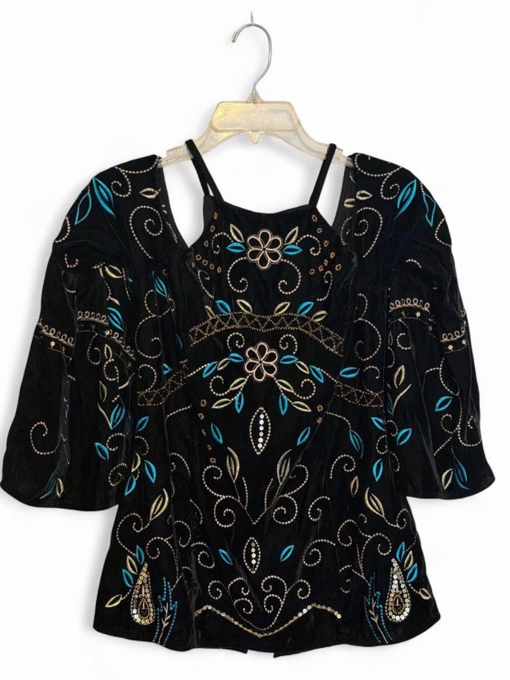 VENUS vintage Black Velvet Embroidered Camisole with Teal and Cream Accents